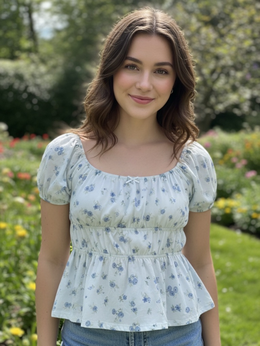 NWT Hippie Rose blue floral babydoll top lg